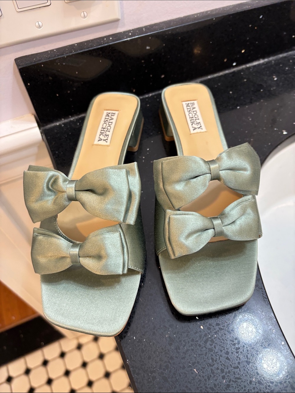 NWOT Badgley Mischka Sage Green Satin Double Bow Mules